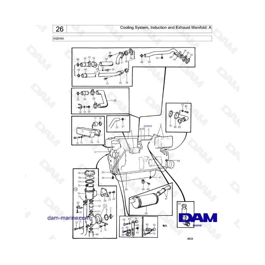 Volvo Penta AQD40A - Cooling system, induction & exhaust manifold : A