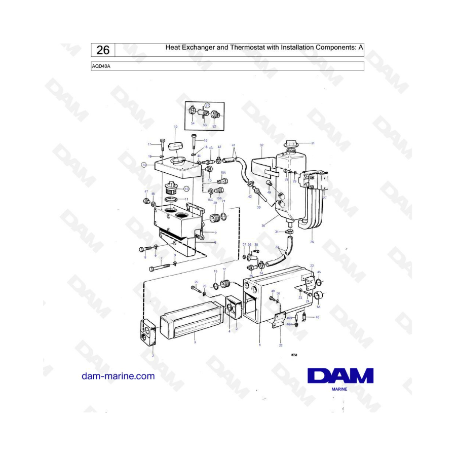 Volvo Penta AQD40A - Heat exchanger & thermostat with installation components : A