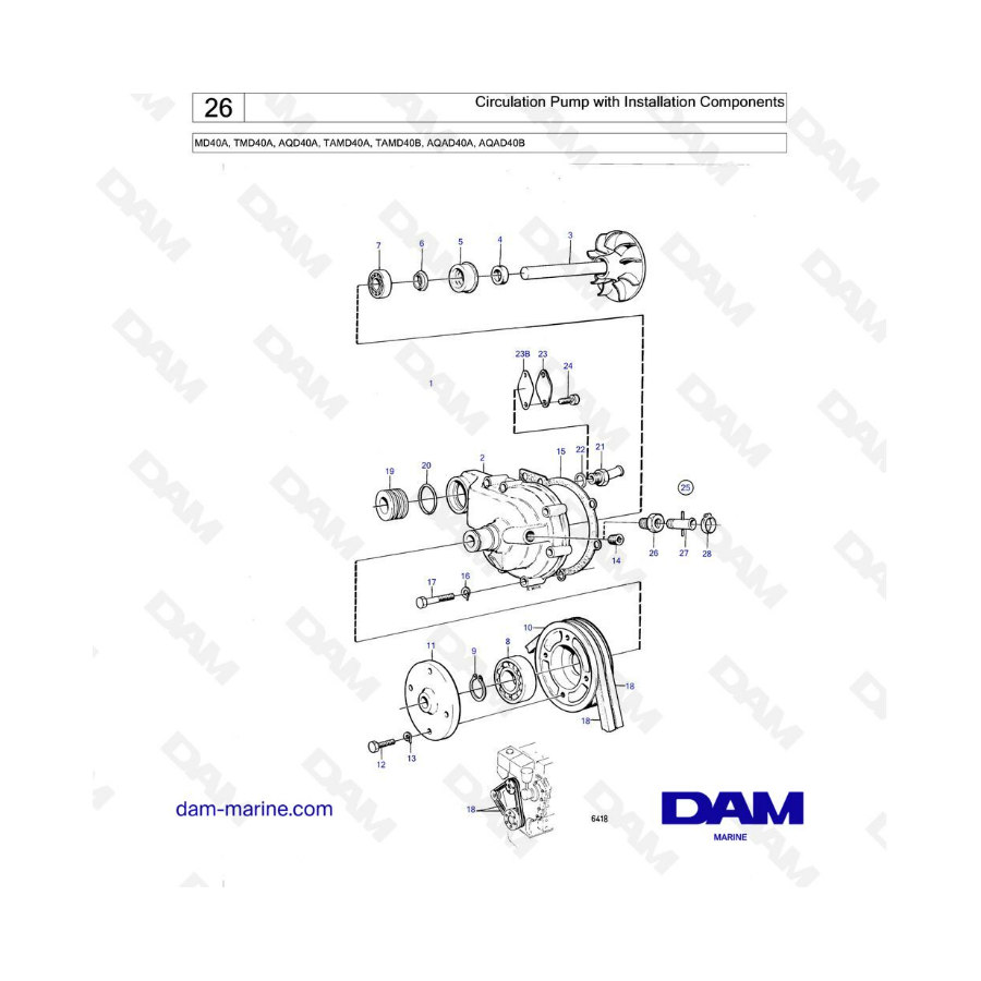 Volvo Penta MD40A / TMD40A / AQD40A / TAMD40A / TAMD40B / AQAD40A / AQAD40B - Circulation pump with installation components