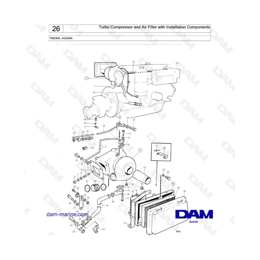 Volvo Penta TMD40A / AQD40A - Turbo compressor & air filter with installation components 