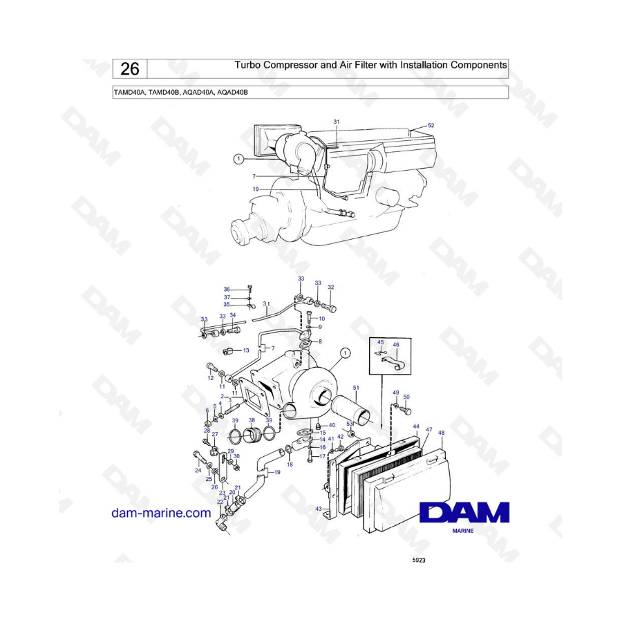 Volvo Penta TAMD40A / TAMD40B / AQAD40A / AQAD40B - Turbo compressor & air filter with installation components