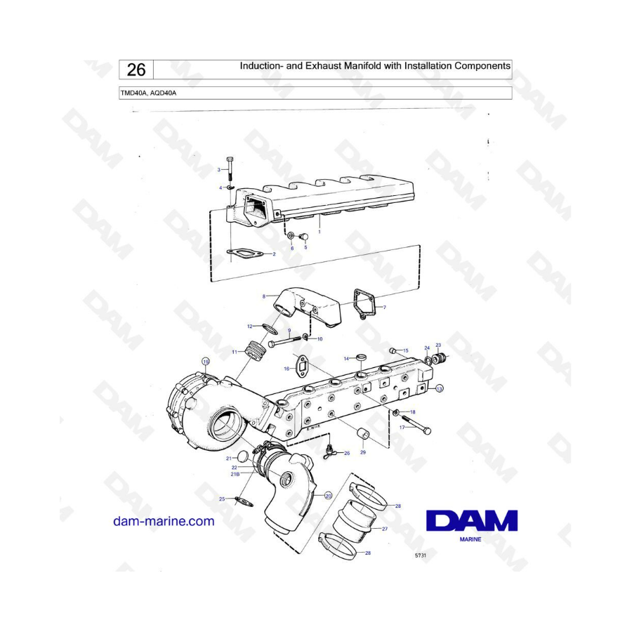 Volvo Penta TMD40A / AQD40A - Colector de admisión y escape con componentes de instalación