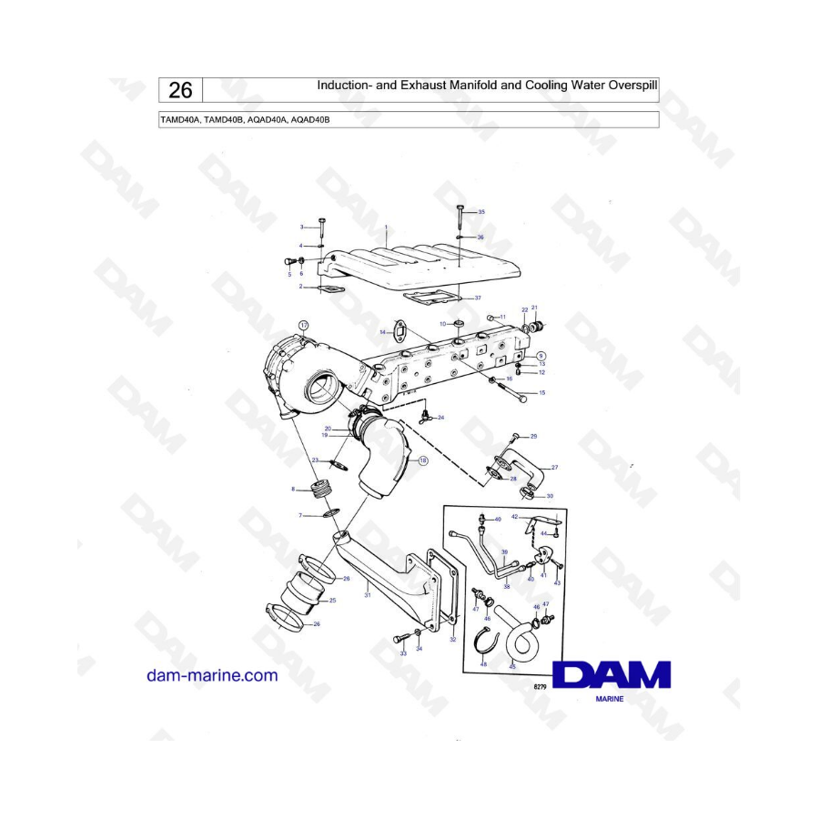 Volvo Penta TAMD40A / TAMD40B / AQAD40A / AQAD40B - Induction and exhaust manifold & cooling water overspill