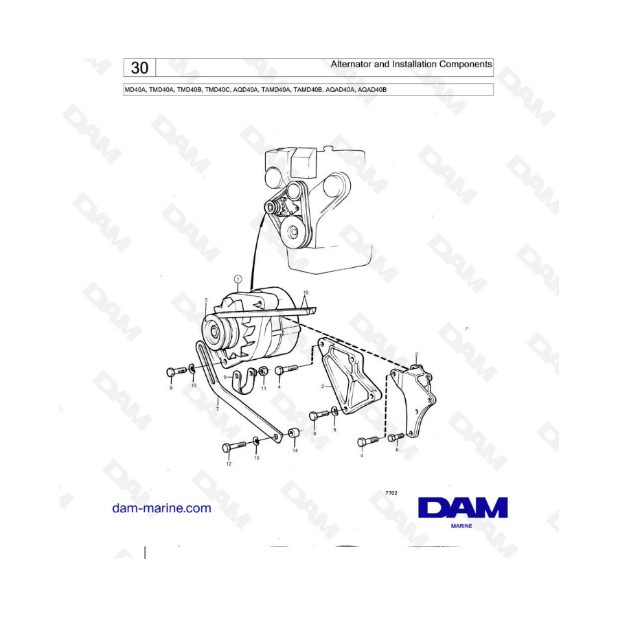 Volvo Penta MD40A/TMD40A/TMD40B/TMD40C/AQD40A/TAMD40A/TAMD40B/AQAD40A/AQAD40B - Alternador y componentes de instalación