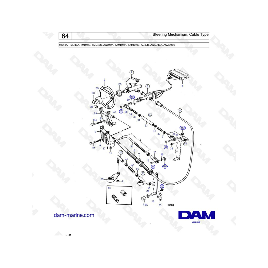 Volvo Penta MD40A/TMD40A/TMD40B/TMD40C/AQD40A/TAMD40A/TAMD40B/AD40B/AQAD40A/AQAD40B - Mecanismo de dirección tipo cable