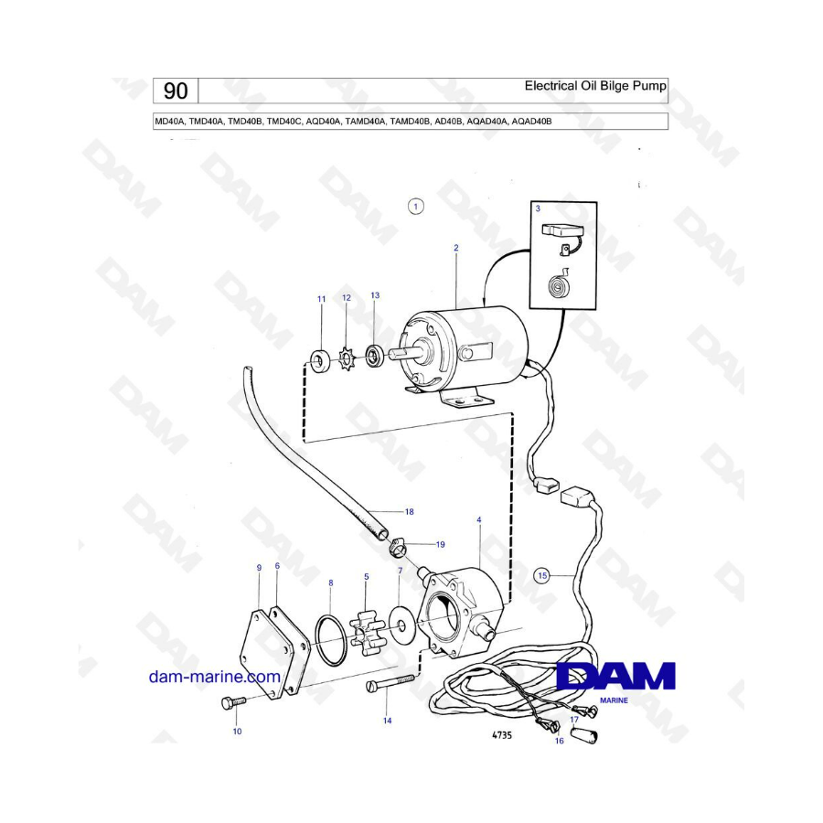 Volvo Penta MD40A/TMD40A/TMD40B/TMD40C/AQD40A/TAMD40A/TAMD40B/AD40B/AQAD40A/AQAD40B - Bomba de achique de aceite eléctrica