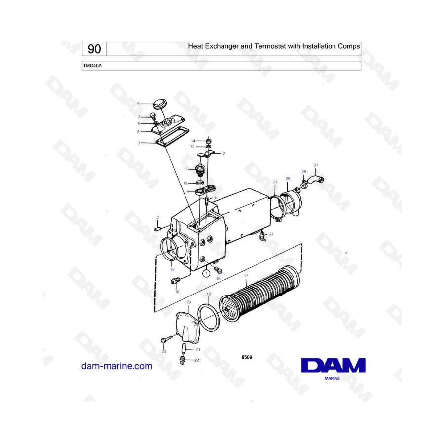 Volvo Penta TMD40A - Intercambiador de calor y termostato con componentes de instalación