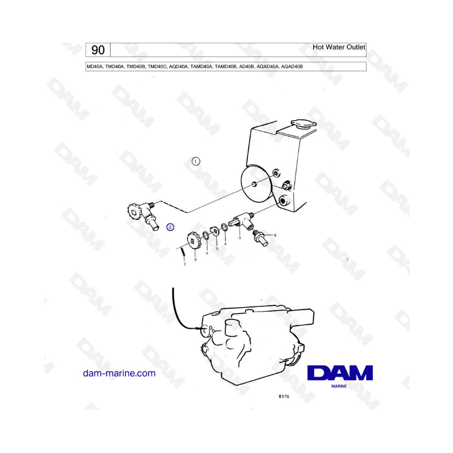 Volvo Penta MD40A/TMD40A/TMD40B/TMD40C/AQD40A/TAMD40A/TAMD40B/AD40B/AQAD40A/AQAD40B - Hot water outlet