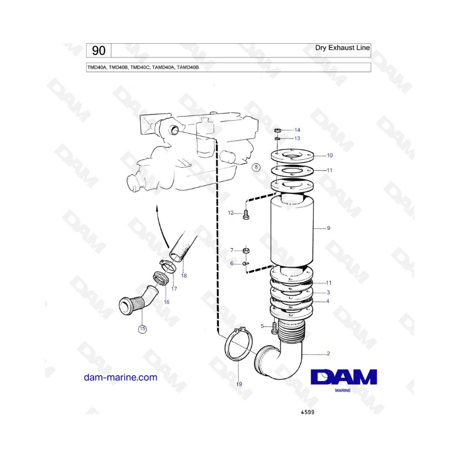 Volvo Penta TMD40A/TMD40B/TMD40C/TAMD40A/TAMD40B - Dry exhaust line