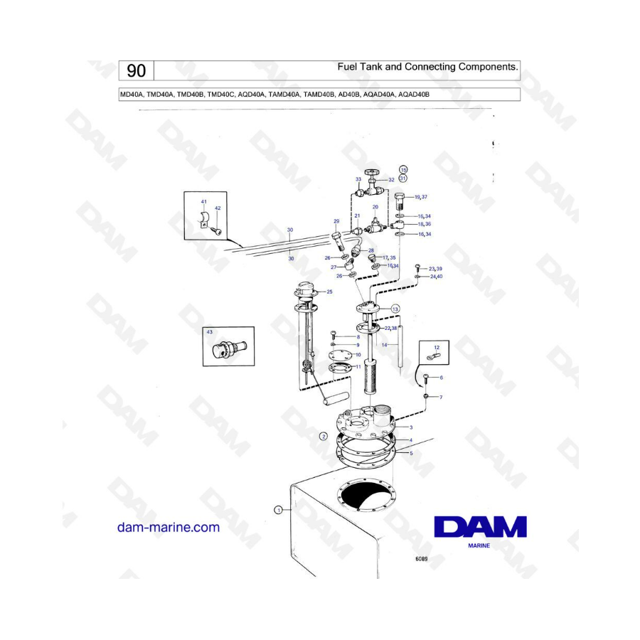 Volvo Penta MD40A/TMD40A/TMD40B/TMD40C/AQD40A/TAMD40A/TAMD40B/AD40B/AQAD40A/AQAD40B - Depósito de combustible y componentes de c