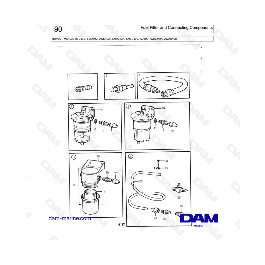 Volvo Penta MD40A/TMD40A/TMD40B/TMD40C/AQAD40A/TAMD40A/TAMD40B/AD40B/AQAD40A/AQAD40B - Filtro de combustible y comp. de conexión