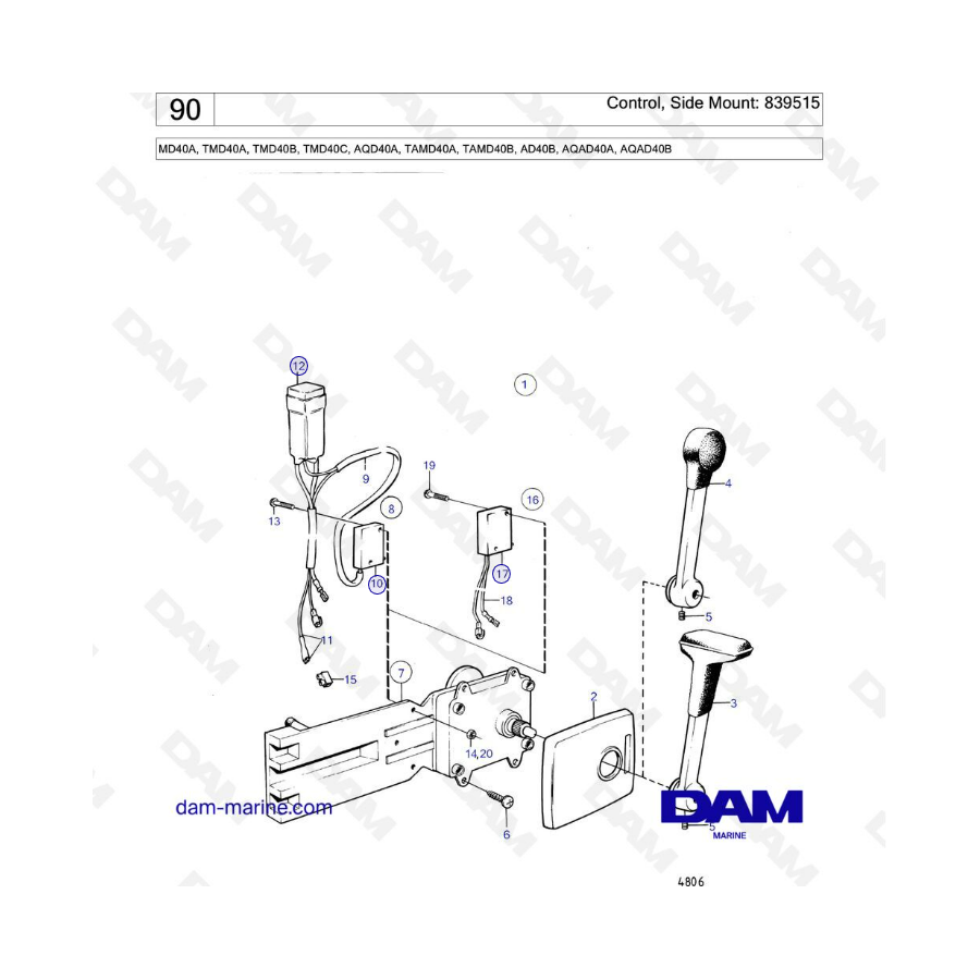 Volvo Penta MD40A/TMD40A/TMD40B/TMD40C/AQD40A/TAMD40A/TAMD40B/AD40B/AQAD40A/AQAD40B - Montaje lateral de control: 839515