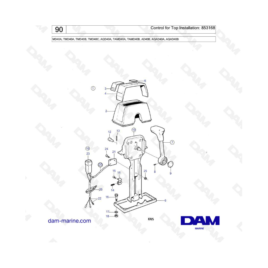 Volvo Penta MD40A/TMD40A/TMD40B/TMD40C/AQD40A/TAMD40A/TAMD40B/AD40B/AQAD40A/AQAD40B - Control para instalación superior: 853168