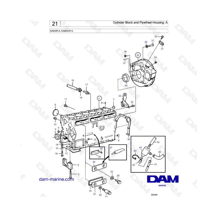 Volvo Penta KAD43P-A / KAMD43P-A - Bloque de cilindros y carcasa del volante: A