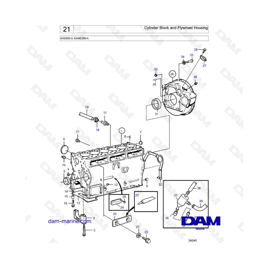 Volvo Penta KAD300-A / KAMD300-A - Bloque de cilindros y carcasa del volante