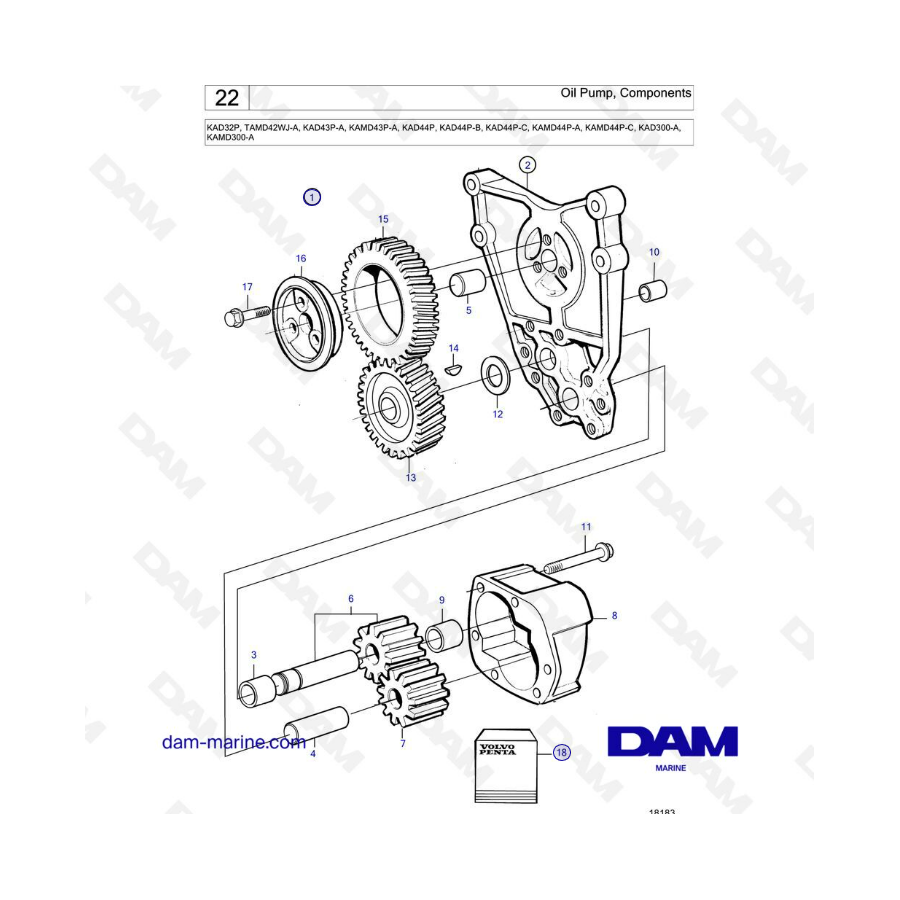 Volvo Penta KAD32P/KAD43P/KAD44P - Oil pump components