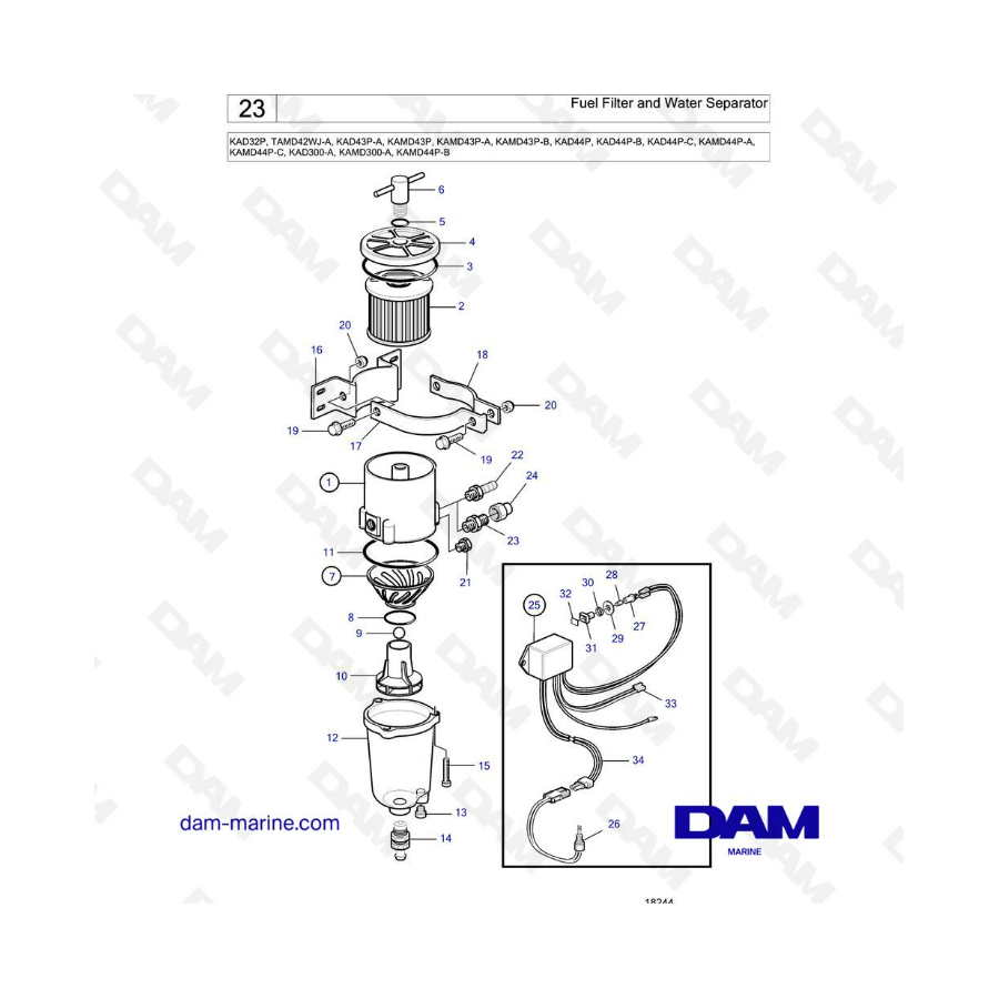 Volvo Penta KAD32P/TAMD42WJ-A/KAD43P-A/KAMD43P/KAD44P/KAMD44P/KAD300-A/KAMD300-A - Filtro de combustible y separador de agua