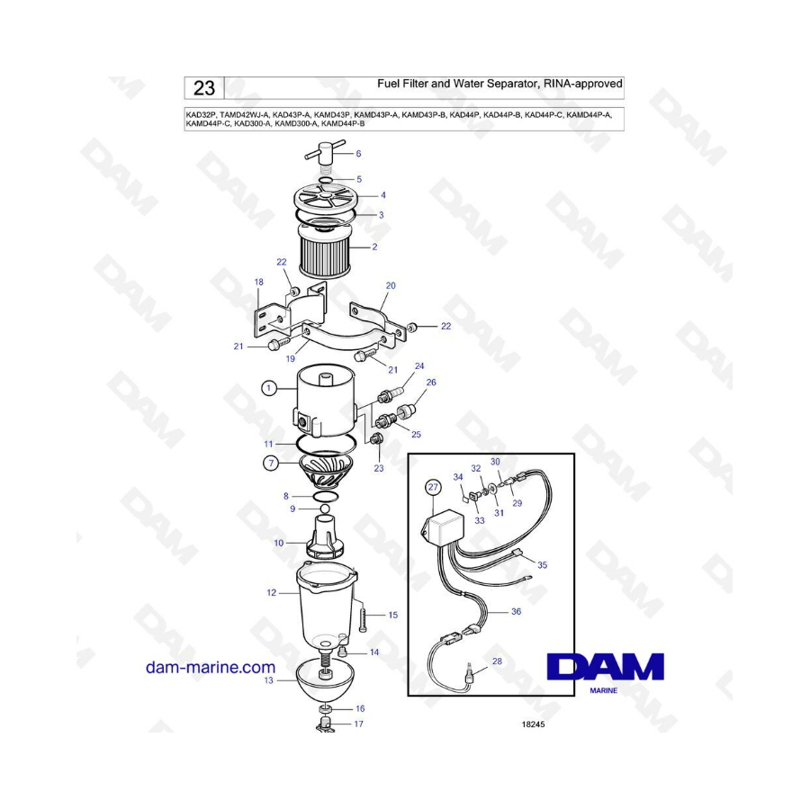 Volvo Penta KAD32P/TAMD42/KAD43/KAMD43/KAD44/KAMD44/KAMD300 - Fuel filter & water separator, RINA-approved