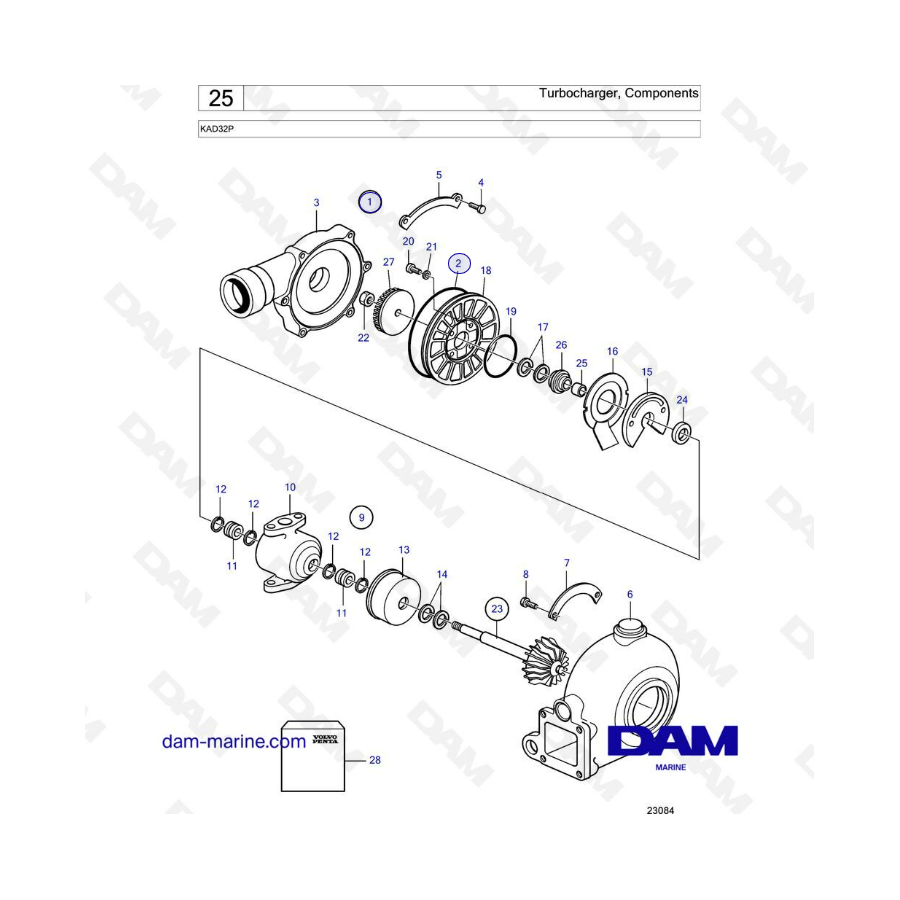 Volvo Penta KAD32P - Turbocompresor, componentes