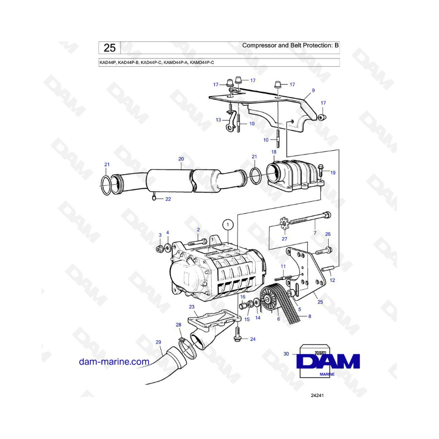 Volvo Penta KAD44P/KAD44P-B/KAD44P-C/KAMD44P-A/KAMD44P-C - Compresor y protección de correa: B