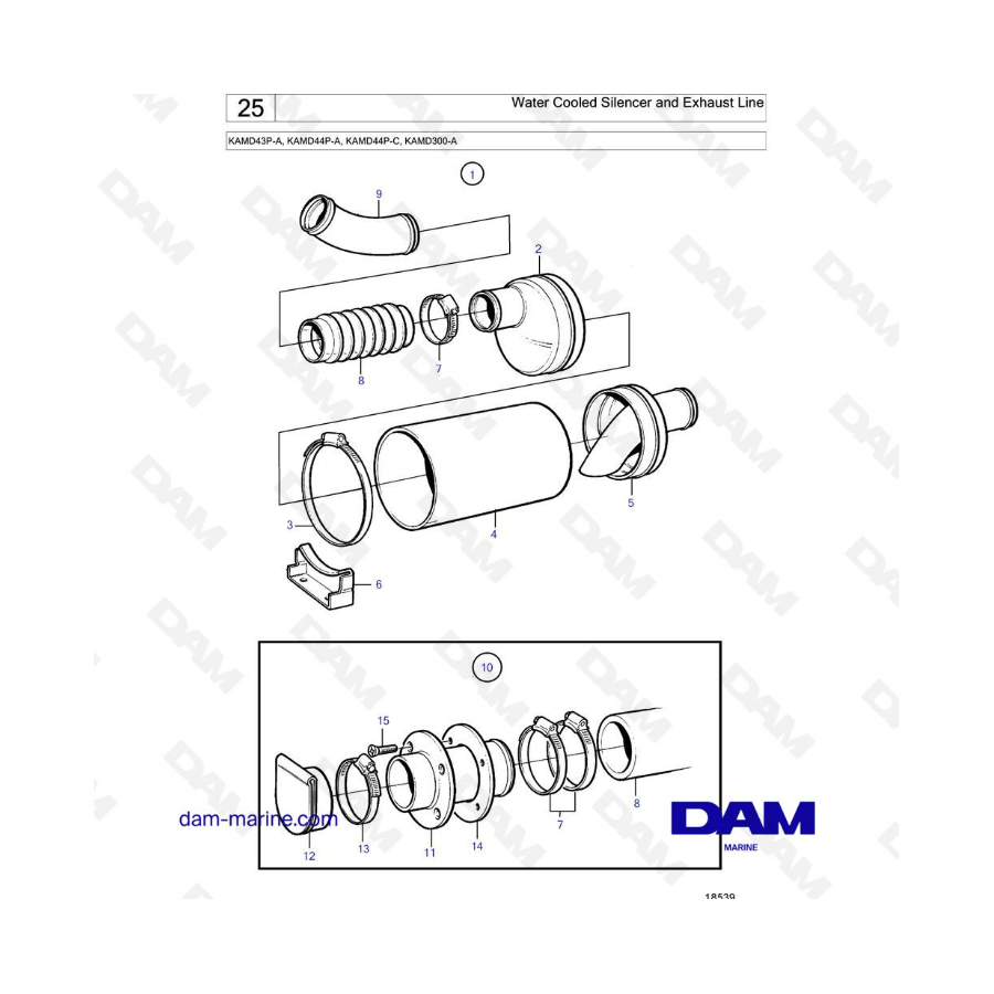 Volvo Penta KAMD43P-A/KAMD44P-A/KAMD44P-C/KAMD300-A - Silenciador refrigerado por agua y línea de escape