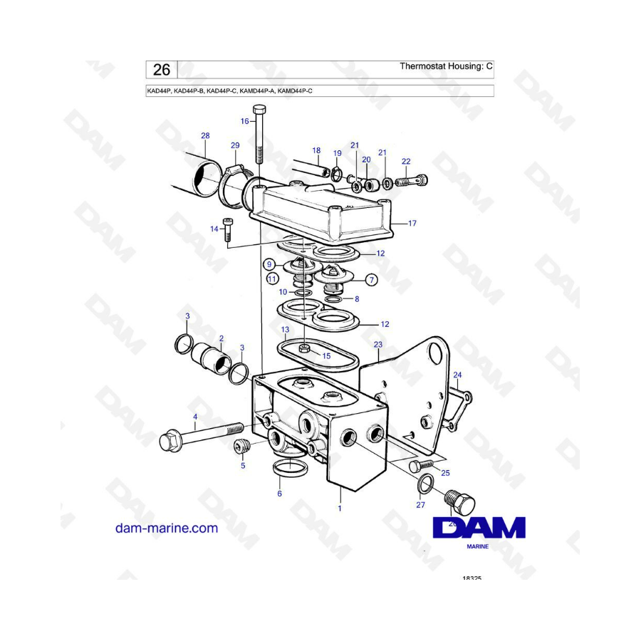 Volvo Penta KAD44P / KAD44P-B / KAD44P-C / KAMD44P-A / KAMD44P-C - Caja del termostato: C