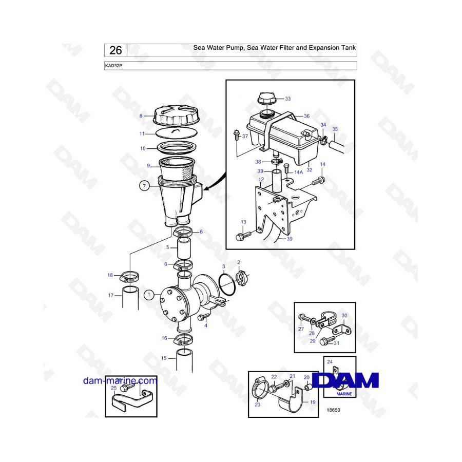 Volvo Penta KAD32P - Sea water pump, sea water filter & expansion tank 