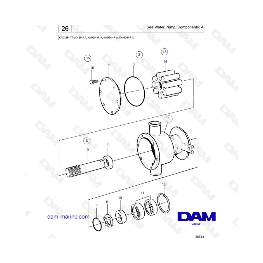 Volvo Penta KAD32P/TAMD42WJ-A/KAMD43P-A/KAMD44P-A/KAMD44P-C - Bomba de agua de mar, componentes: A