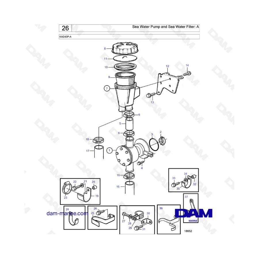 Volvo Penta KAD43P-A - Sea water pump & sea water filter: A - DAM Marine