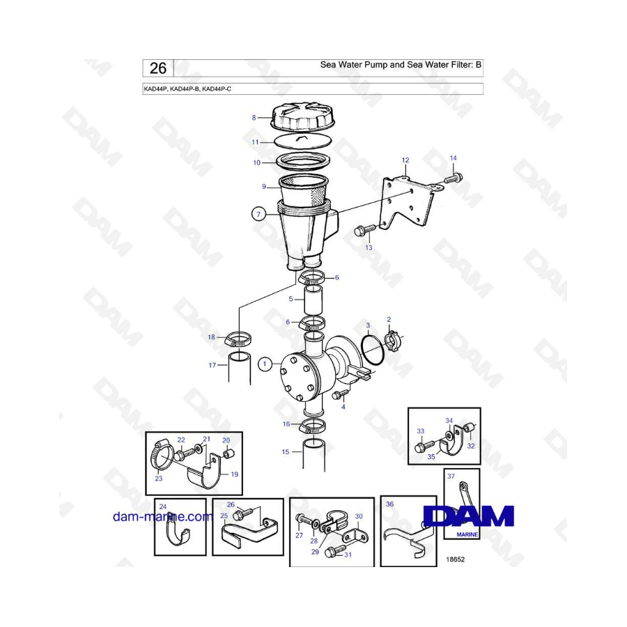 Volvo Penta KAD44P / KAD44P-B / KAD44P-C - Sea water pump & sea water filter: B