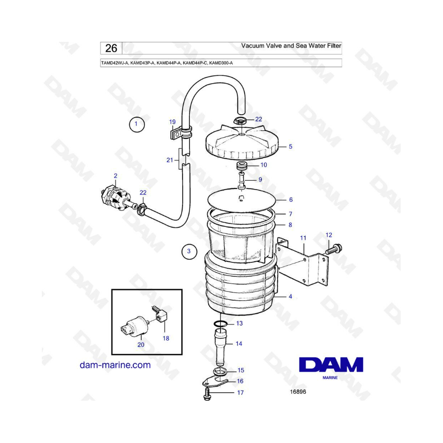 Volvo Penta TAMD42WJ-A/KAMD43P-A/KAMD44P-A/KAMD44P-C/KAMD300-A - Vacuum Valve & sea water filter