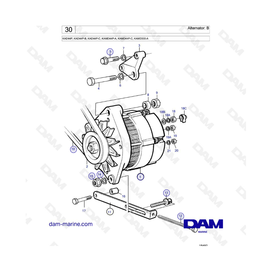 Volvo Penta KAD44P/KAD44P-B/KAD44P-C/KAMD44P-A/KAMD44P-C/KAMD300-A - Alternador: B