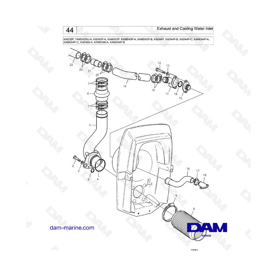 Volvo Penta KAD32P/TAMD42/KAD43/KAMD43/KAD44/KAMD44 - Escape y entrada de agua de refrigeración