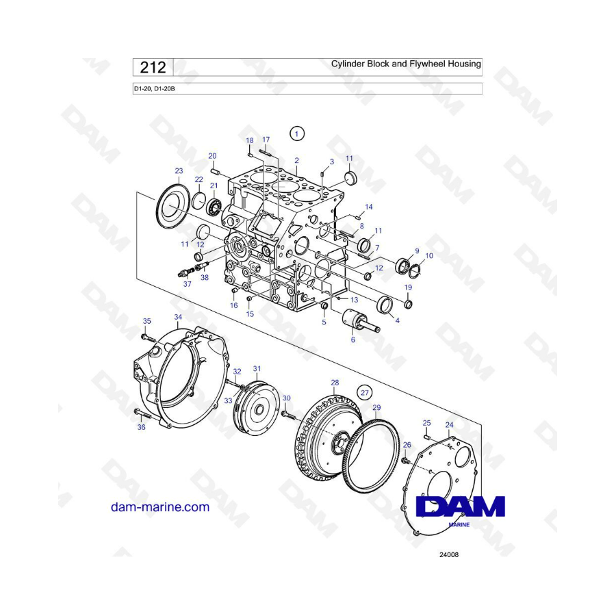 Volvo Penta D1-20 / D1-20B - Bloque de cilindros y carcasa del volante