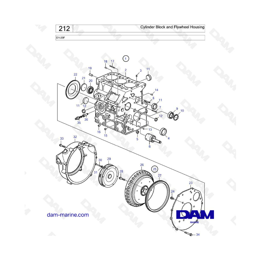 Volvo Penta D1-20F - Bloque de cilindros y carcasa del volante