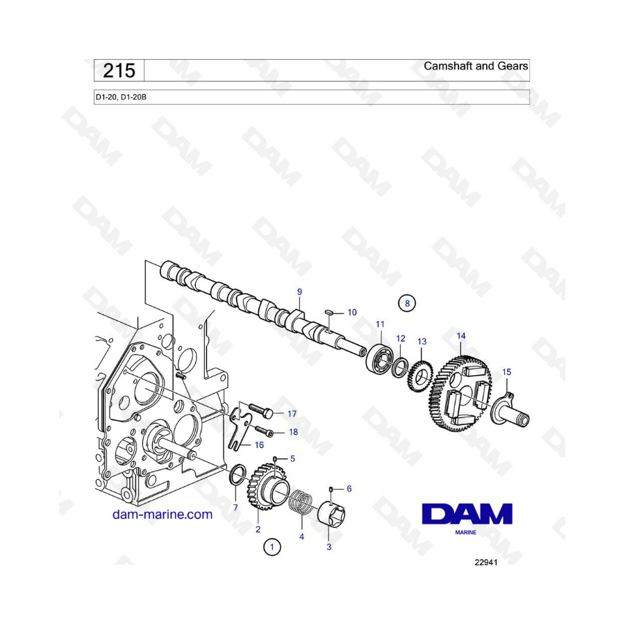 Volvo Penta D1-20 / D1-20B - Árbol de levas y engranajes