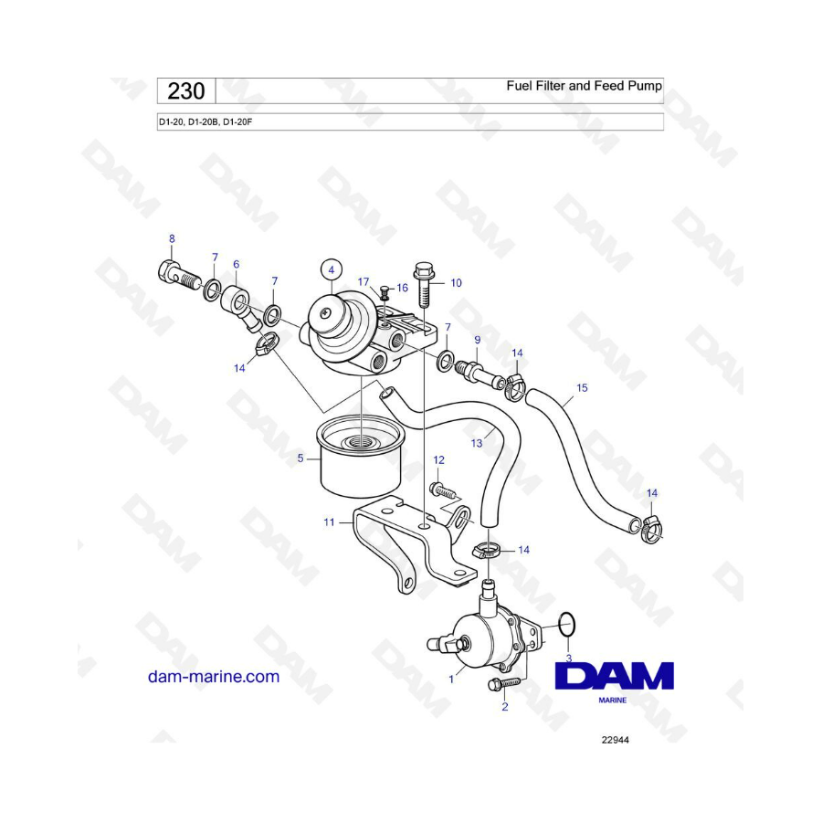 Volvo Penta D1-20 / D1-20B / D1-20F - Fuel filter & feed pump