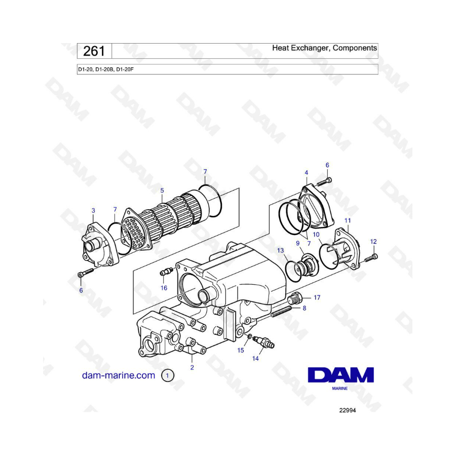 Volvo Penta D1-20/D1-20B/D1-20F - Intercambiador de calor, componentes