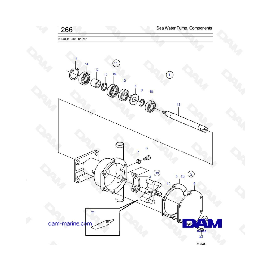 Volvo Penta D1-20/D1-20B/D1-20F - Bomba de agua de mar, componentes