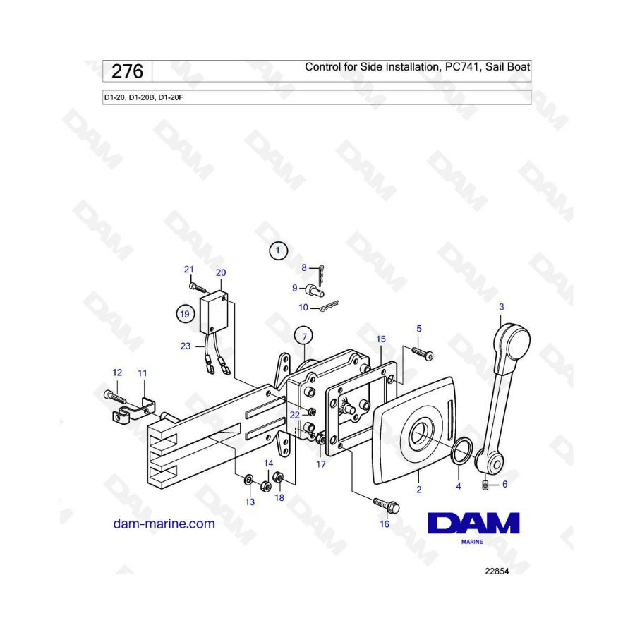 Volvo Penta D1-20/D1-20B/D1-20F - Control for side installation, PC741, Sailboat