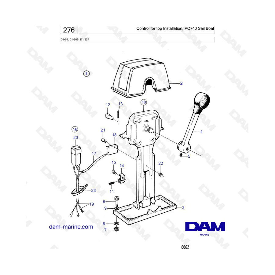 Volvo Penta D1-20/D1-20B/D1-20F - Control for top installation, PC740 Sail boat