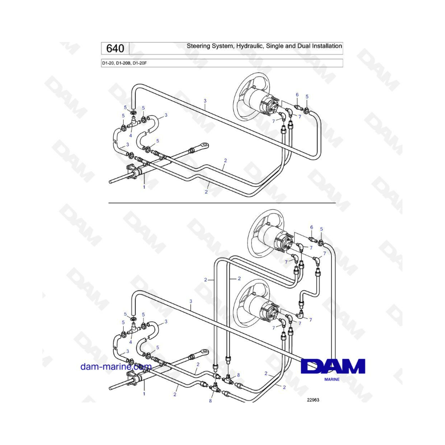 Volvo Penta D1-20/D1-20B/D1-20F - Sistema de dirección, instalación hidráulica simple y doble