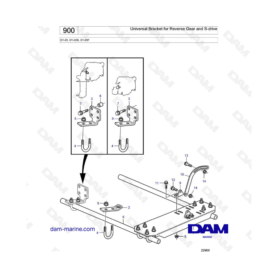 Volvo Penta D1-20/D1-20B/D1-20F - Soporte universal para marcha atrás y s-drive