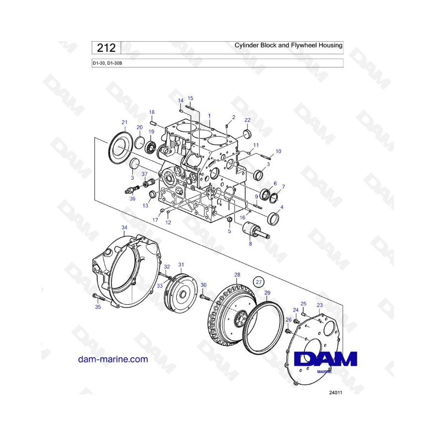 Volvo Penta D1-30/D1-30B - Bloque de cilindros y carcasa del volante