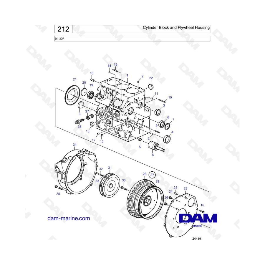 Volvo Penta D1-30F - Bloque de cilindros y carcasa del volante