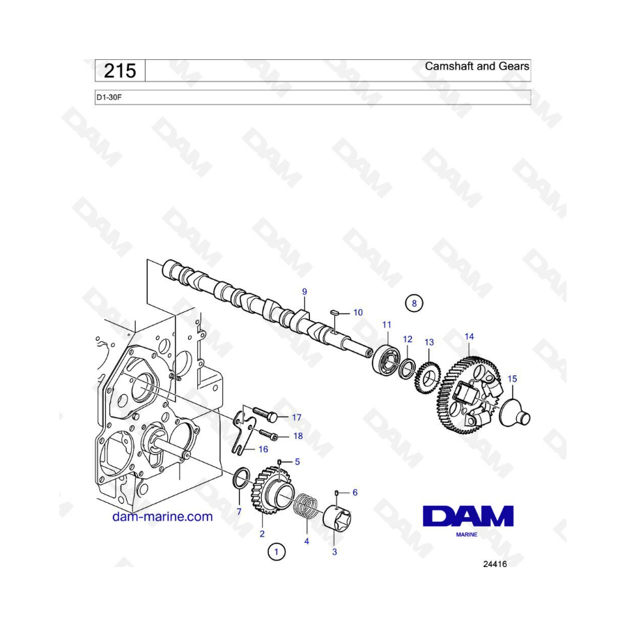 Volvo Penta D1-30F - Árbol de levas y engranajes