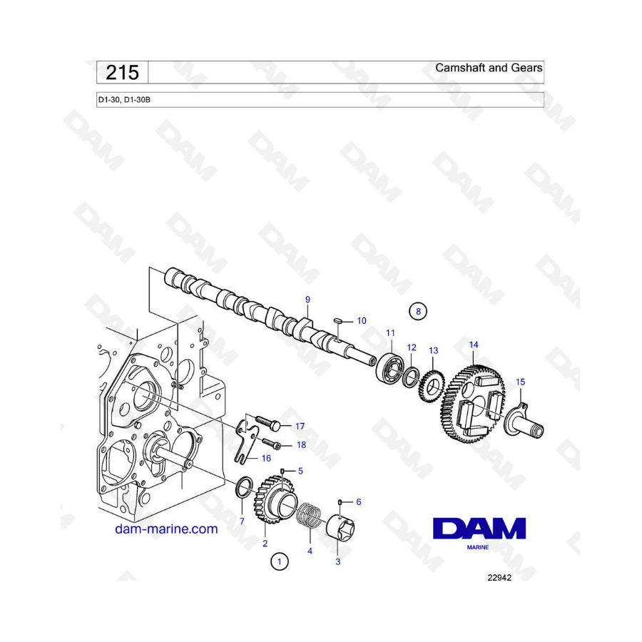 Volvo Penta D1-30/D1-30B - Árbol de levas y engranajes