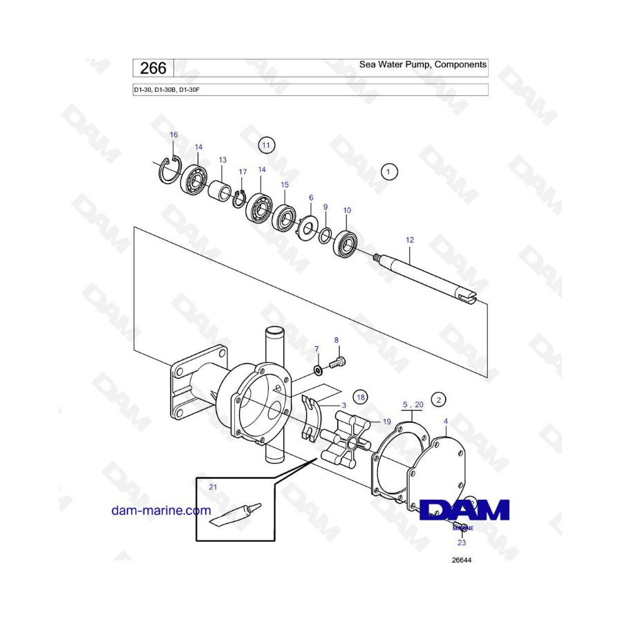 Volvo Penta D1-30/D1-30B/D1-30F - Componentes de la bomba de agua de mar