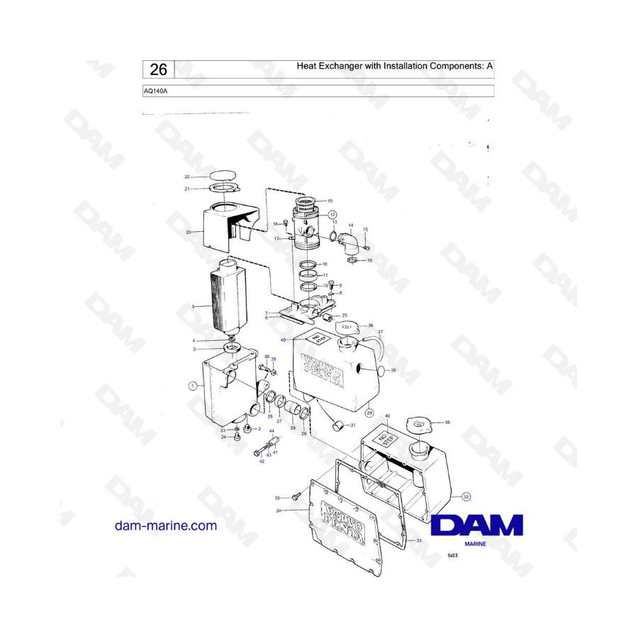 Volvo Penta AQ140A - Intercambiador de calor con componentes de instalación: A