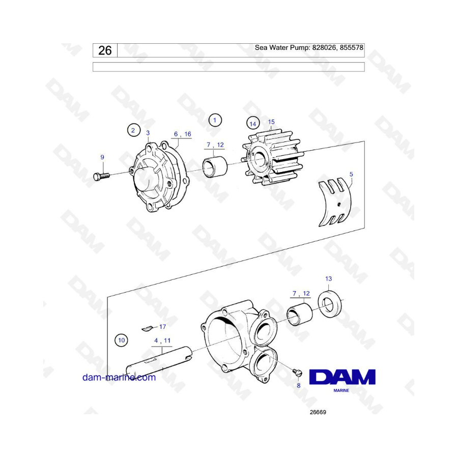 Volvo Penta AQ120B / AQ125A / AQ140A / BB140A - Bomba de agua de mar: 828026, 855578